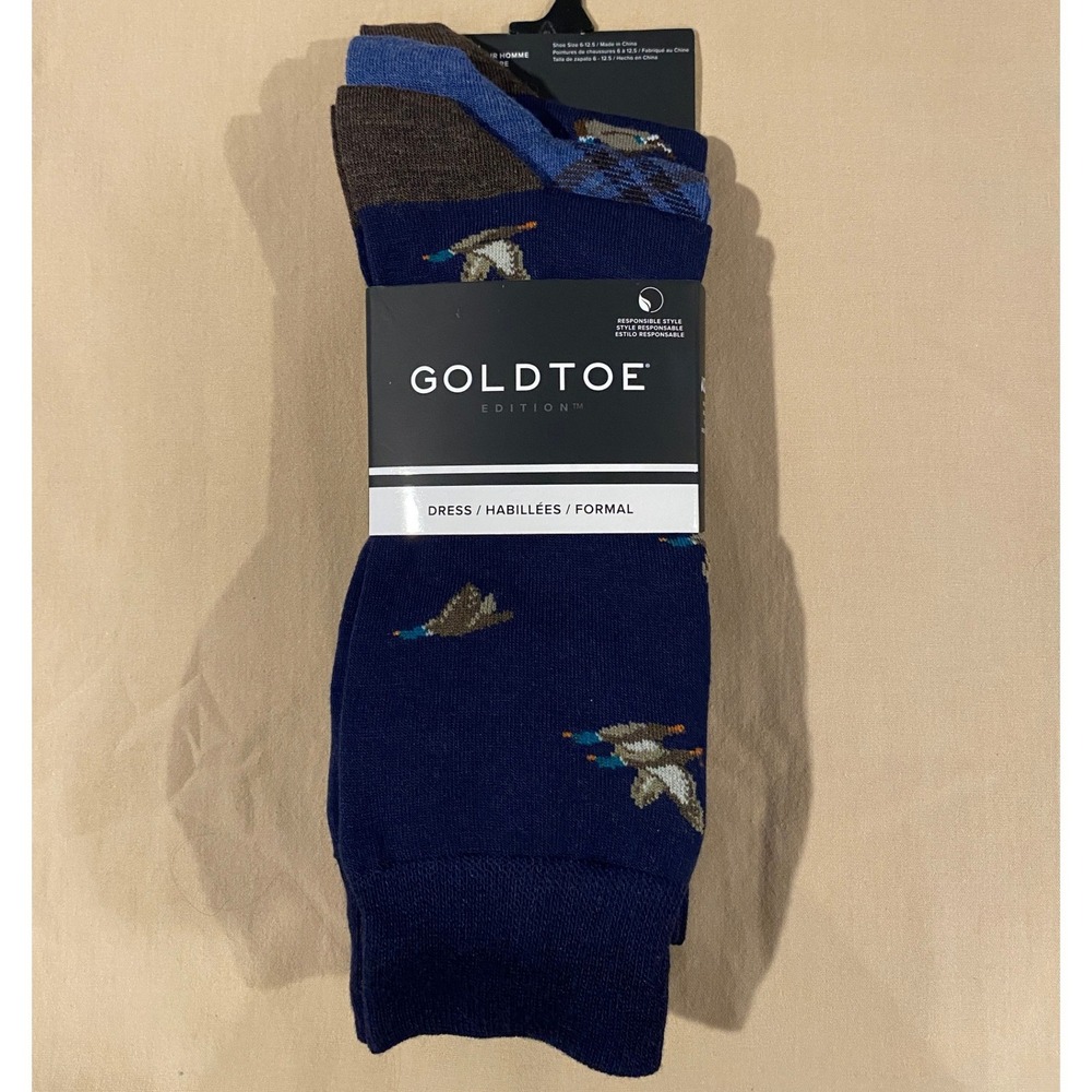 3 Pairs Gold Toe Men's Dress Crew Socks Aquafx Ducks Hunting Size 6-12.5 NEW